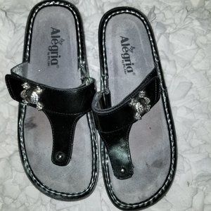Alegria Black Patent Leather Skull Jeweled Sandals